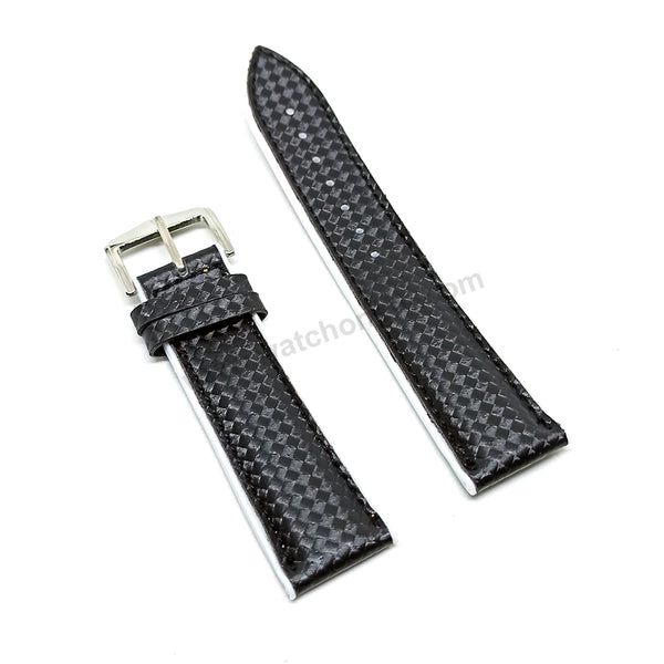 22mm Carbon Embossed Pattern Black Genuine Leather on White Silicone/Rubber Replacement Watch Band / Strap