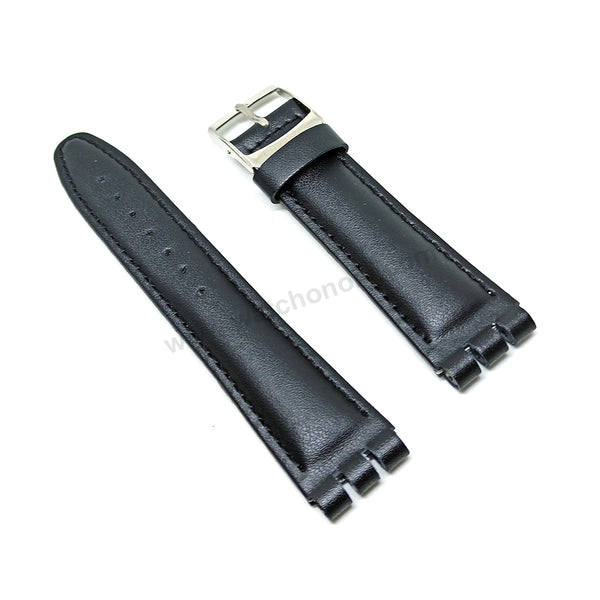Fits/For Swatch Wrist Watches - 19mm Black Padded Genuine Leather Replacement Watch Strap Band Belt