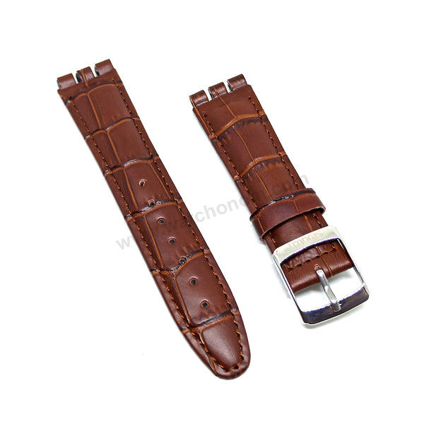 Fits/For Swatch Wrist Watches - 19mm Alligator Pattern Brown Padded Genuine Leather Replacement Watch Strap Band Belt