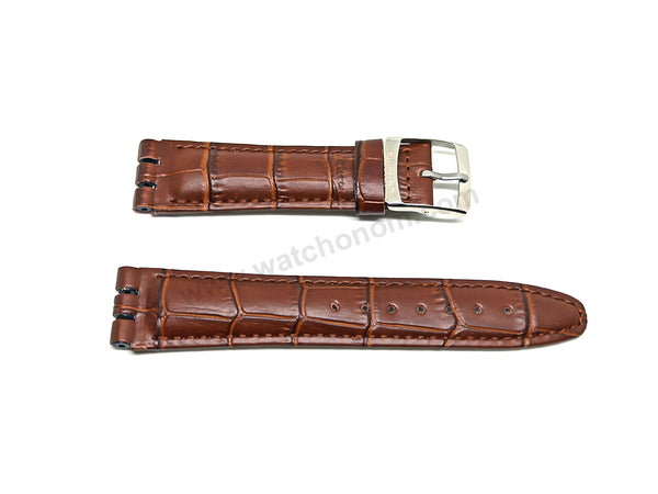 Fits/For Swatch Wrist Watches - 19mm Alligator Pattern Brown Padded Genuine Leather Replacement Watch Strap Band Belt
