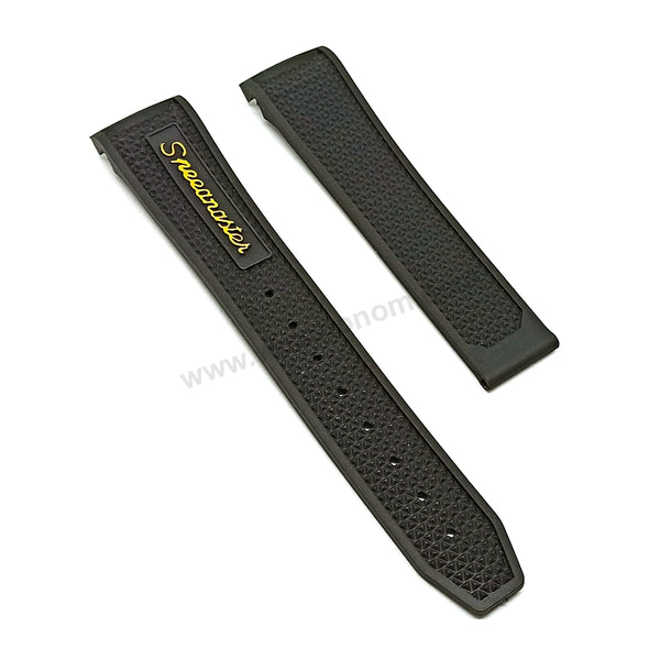 Fits/For Omega Speedmaster Racing- 21mm Black Rubber with Yellow Text Replacement Watch Band Strap