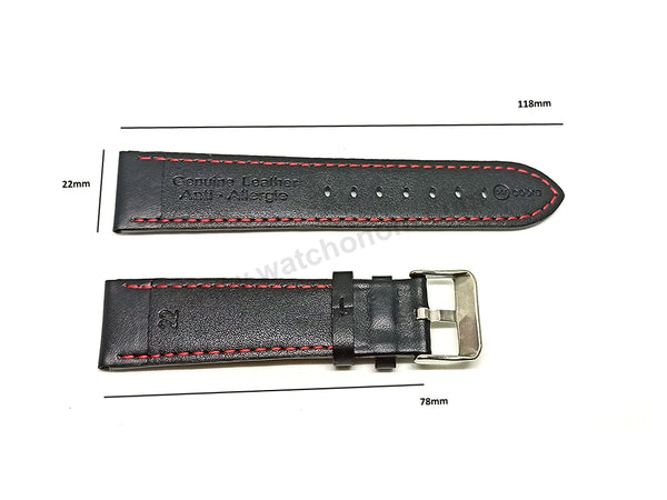 Fits/For Tissot T-Sport T116.617 Chrono XL - Red Stitched on Black Genuine Leather Replacement Watch Strap Band Belt