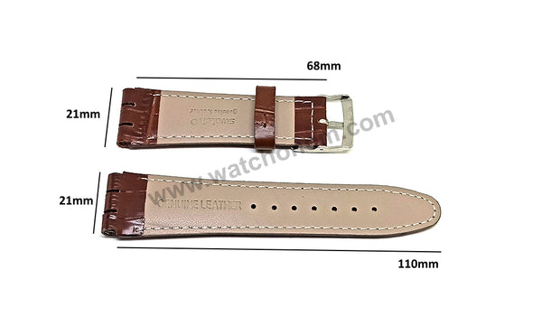 Fits/For Swatch Wrist Watches - 21mm Brown Alligator Pattern Padded Genuine Leather Replacement Watch Strap Band