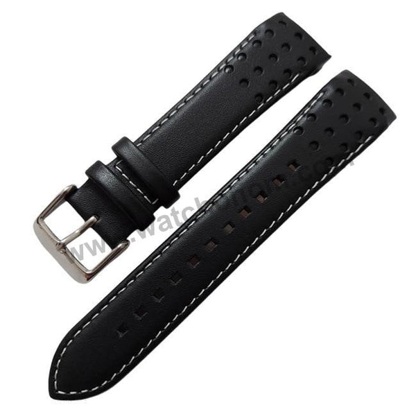 21mm Handmade White Stitch on Black Genuine Leather Watch Band Strap Compatible For Seiko Sportura Chronograph 7T62-0KV0 - SNAE80P1