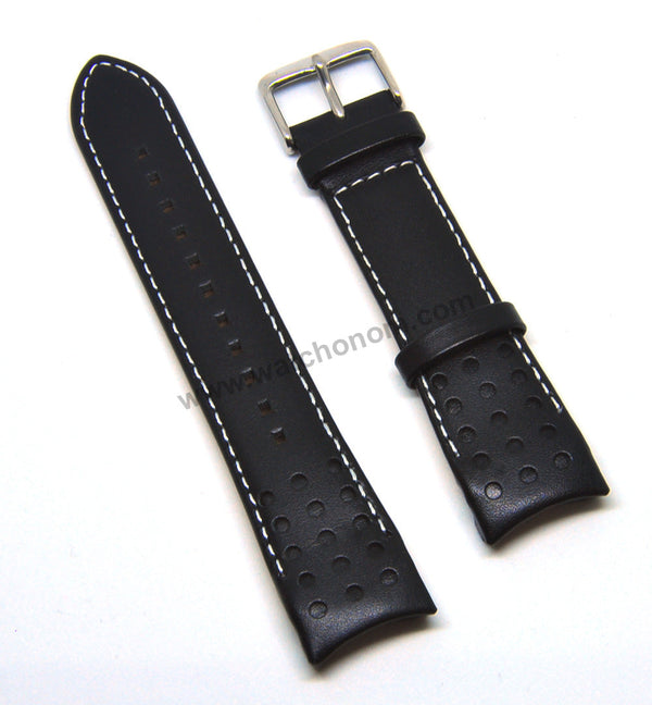 21mm Handmade White Stitch on Black Genuine Leather Watch Band Strap Compatible For Seiko Sportura Solar Chronograph-World Timer  V198-0AA0 - SSC361P1 , SSC359P1