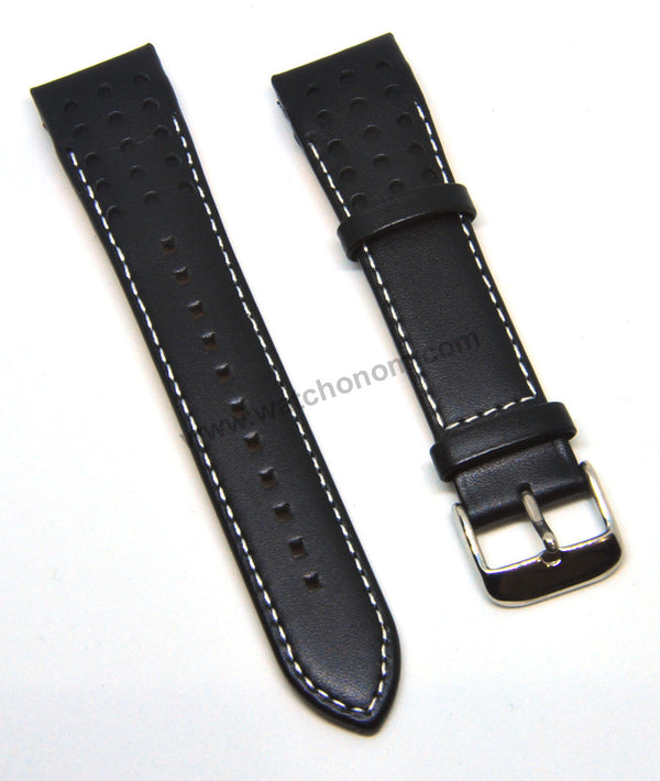 21mm Handmade White Stitch on Black Genuine Leather Watch Band Strap Compatible For Seiko Sportura Solar Chronograph-World Timer  V198-0AA0 - SSC361P1 , SSC359P1