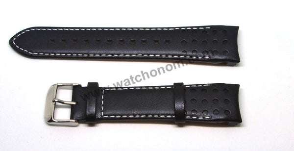 21mm Handmade White Stitch on Black Genuine Leather Watch Band Strap Compatible For Seiko Sportura Kinetic 5M85-0AA0 - SUN015P2 , SUN028P1