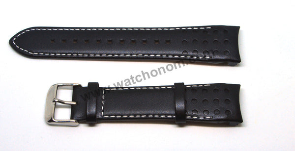 21mm Handmade White Stitch on Black Genuine Leather Watch Band Strap Compatible For Seiko Sportura Chronograph 7T62-0KV0 - SNAE80P1